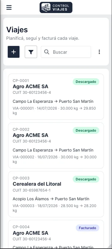 Listado de viajes en Control Viajes